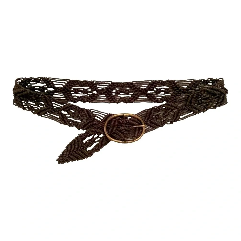 Vtg Hippie Macrame Belt Adjustable Brown Leather Brass Buckle Boho